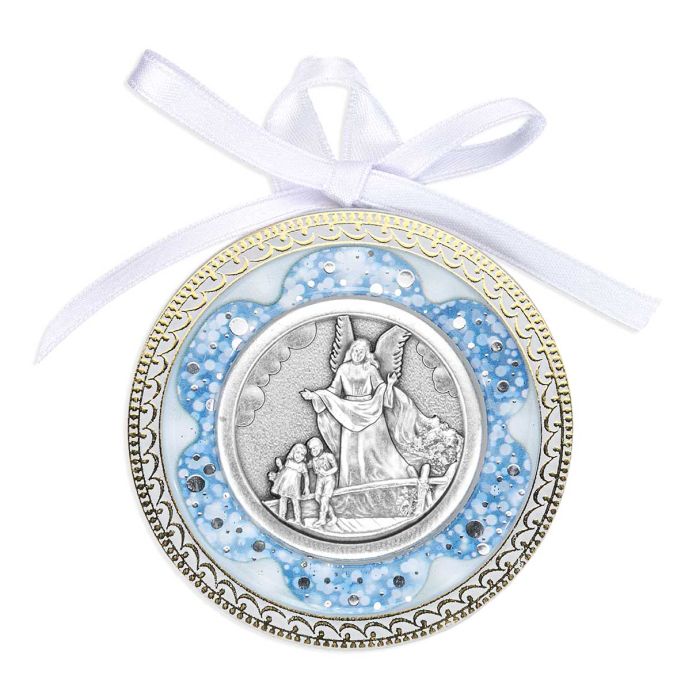 2 5/8" Guardian Angel Crib Medal With Blue Shell Deco. Boxed