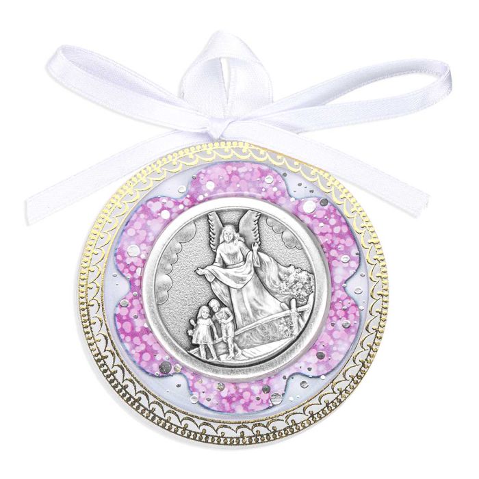 2 5/8" Guardian Angel Crib Medal with Pink Shell Deco. Boxed
