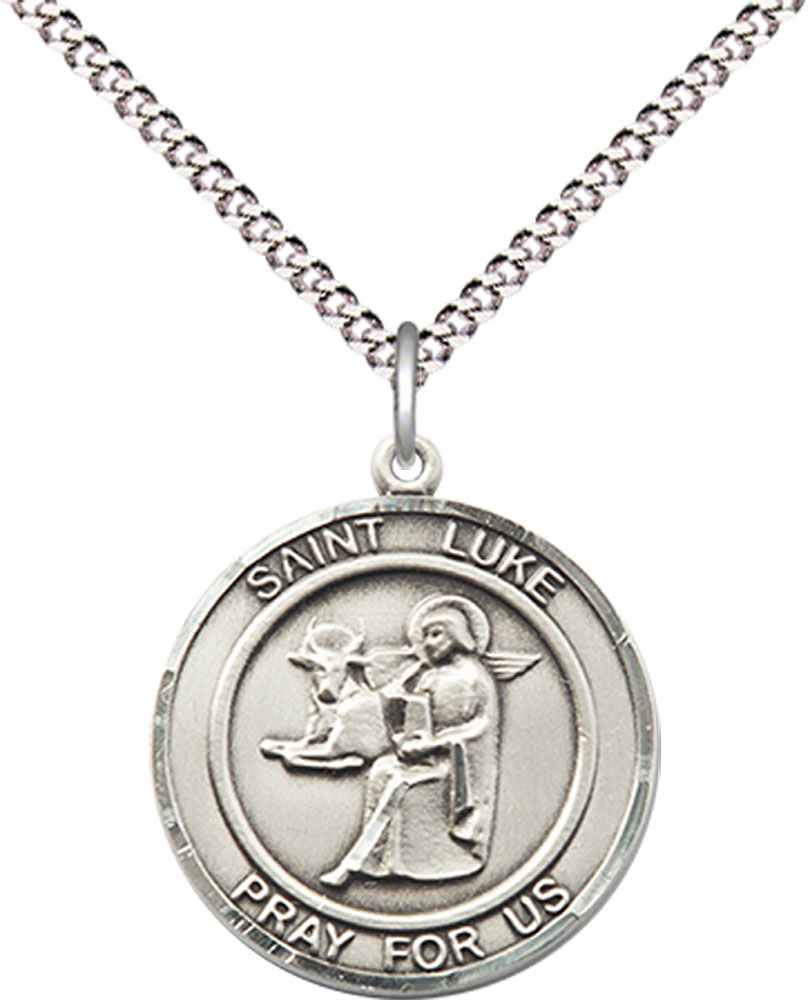 Sterling Silver Saint Luke the Apostle Pendant on a 18 inch Light Rhodium Light Curb chain