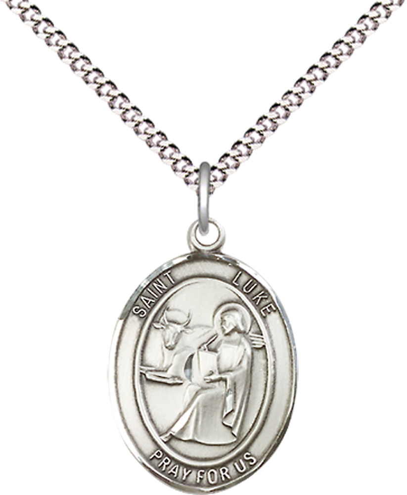 Sterling Silver Saint Luke the Apostle Pendant on a 18 inch Light Rhodium Light Curb chain
