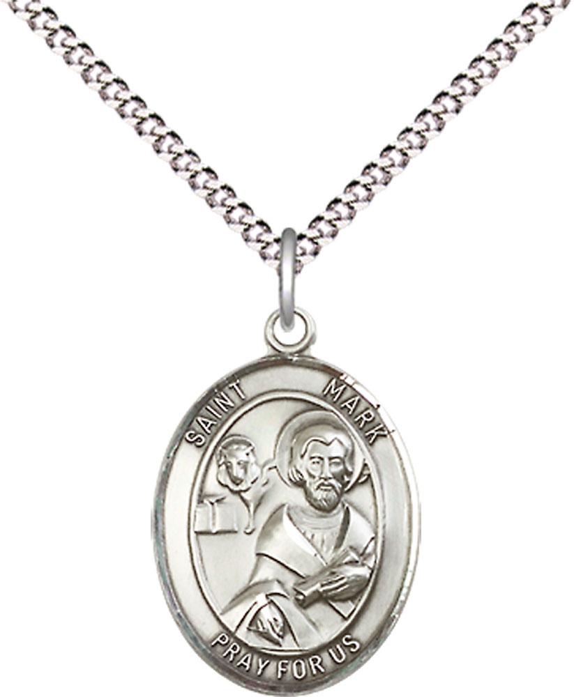 Sterling Silver Saint Mark the Evangelist Pendant on a 18 inch Light Rhodium Light Curb chain