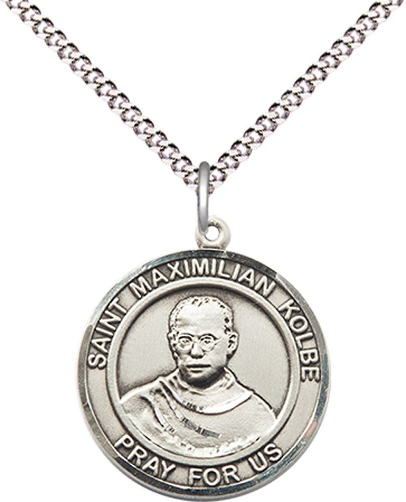 Sterling Silver Saint Maximilian Kolbe Pendant on a 18 inch Light Rhodium Light Curb chain