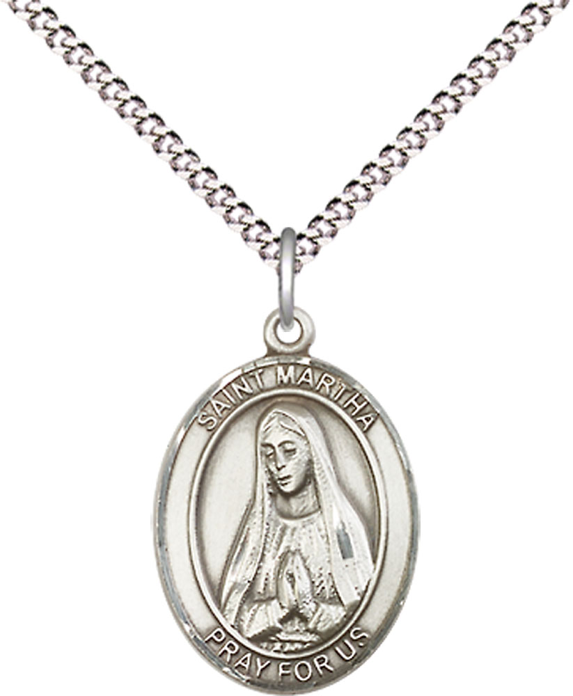Sterling Silver Saint Martha Pendant on a 18 inch Light Rhodium Light Curb chain