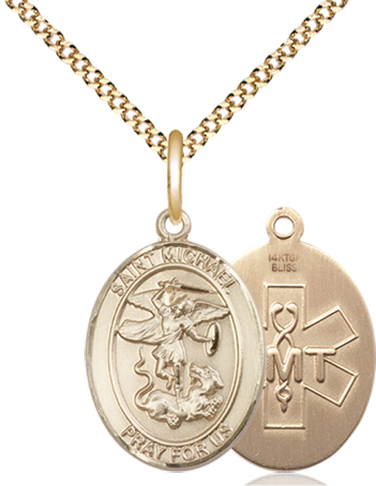 14kt Gold Filled Saint Michael EMT Pendant on a 18 inch Gold Plate Light Curb chain