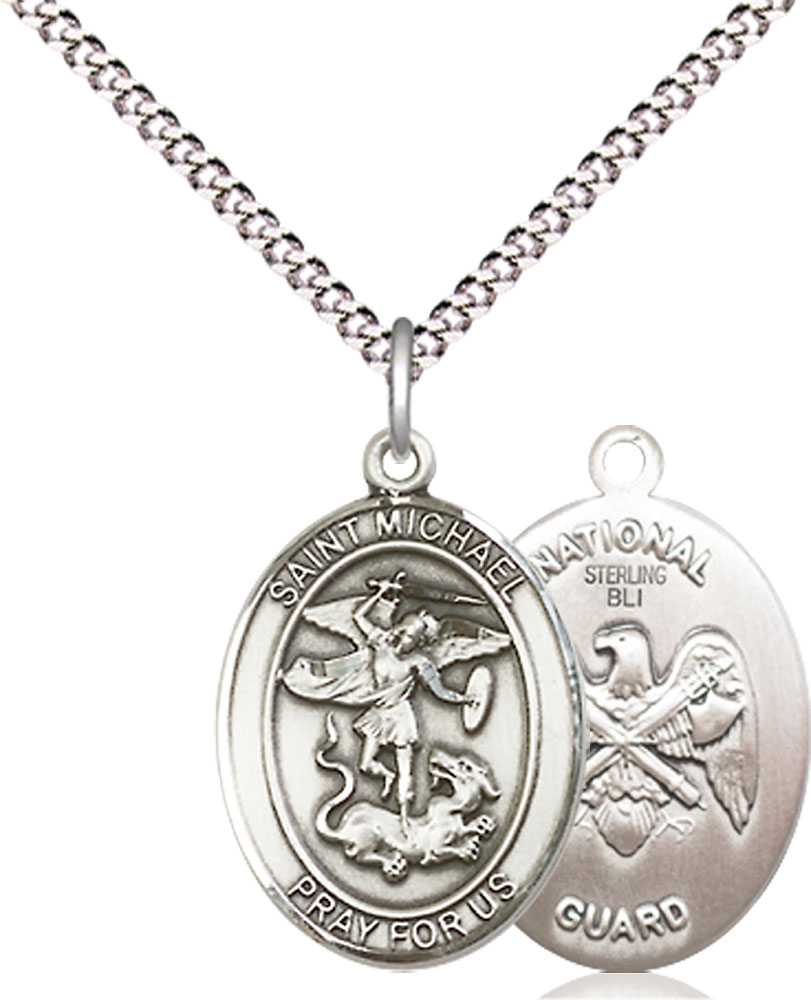 Sterling Silver Saint Michael National Guard Pendant on a 18 inch Light Rhodium Light Curb chain