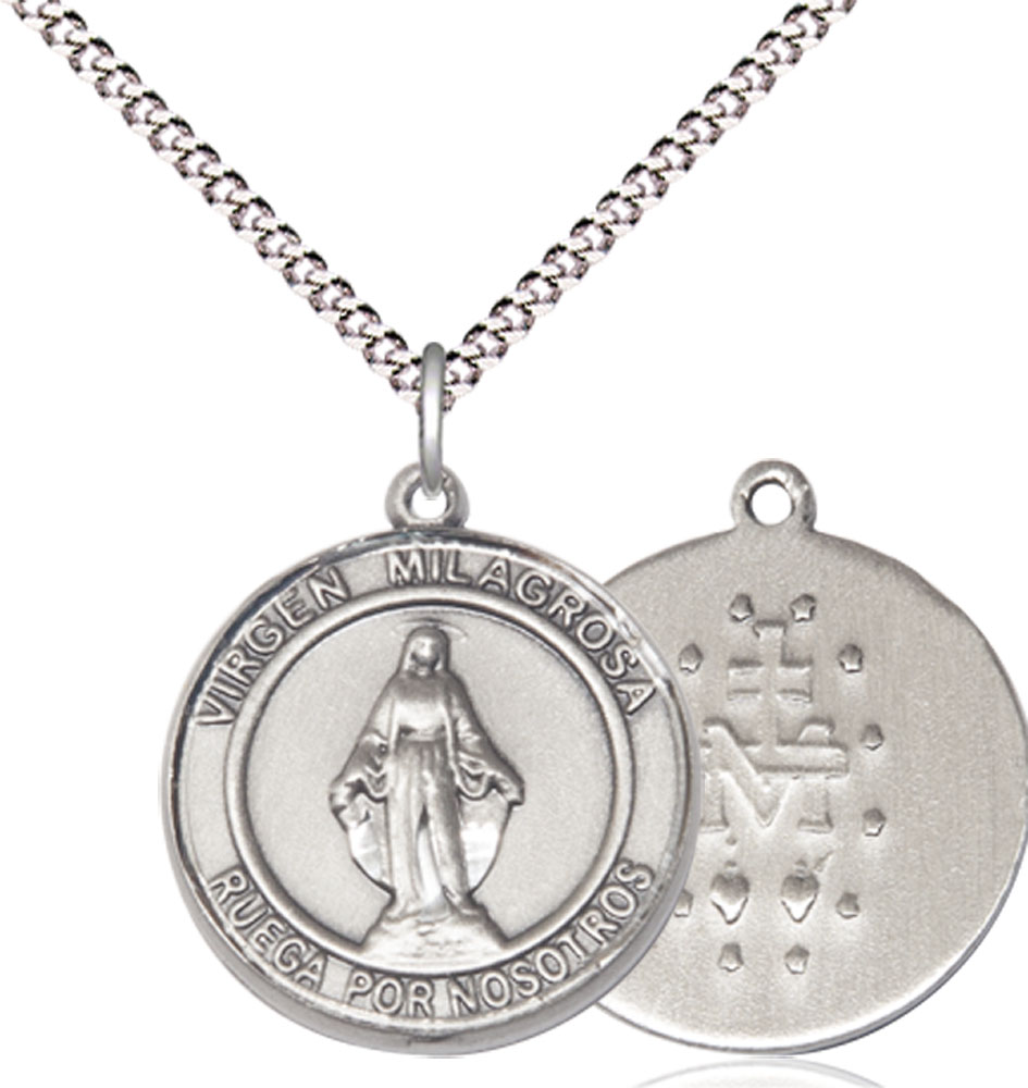 Sterling Silver Virgen Milagrosa Pendant on a 18 inch Light Rhodium Light Curb chain