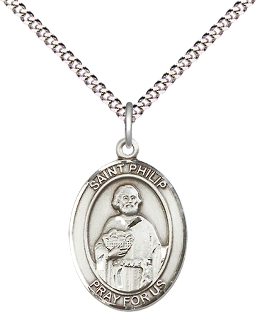 Sterling Silver Saint Philip the Apostle Pendant on a 18 inch Light Rhodium Light Curb chain