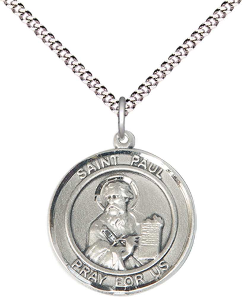 Sterling Silver Saint Paul the Apostle Pendant on a 18 inch Light Rhodium Light Curb chain
