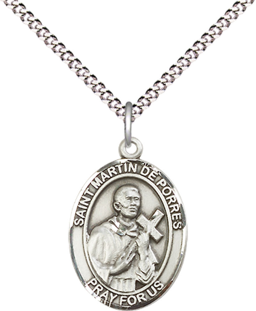 Sterling Silver Saint Martin de Porres Pendant on a 18 inch Light Rhodium Light Curb chain