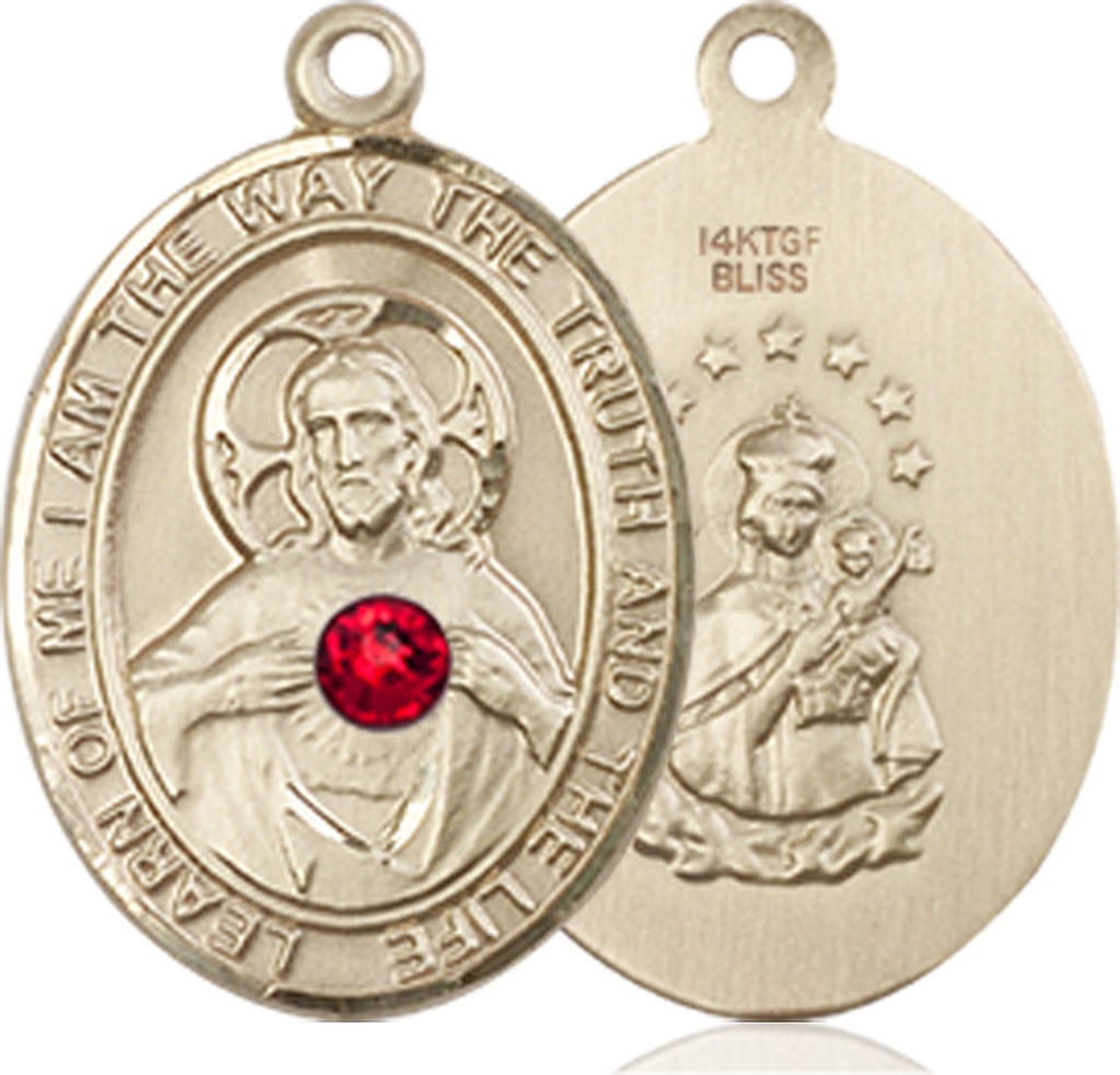 14kt Gold Filled Scapular - Ruby Stone Medal with a 3mm Ruby Swarovski stone