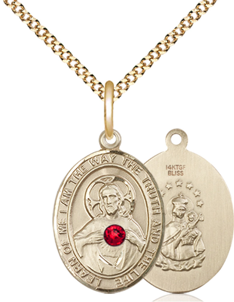 14kt Gold Filled Scapular - Ruby Stone Pendant with a 3mm Ruby Swarovski stone on a 18 inch Gold Plate Light Curb chain