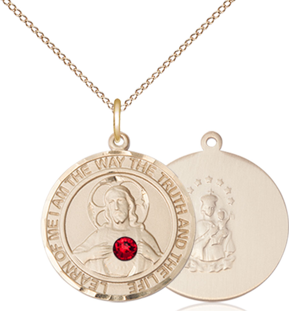 14kt Gold Filled Scapular - Ruby Stone Pendant with a 3mm Ruby Swarovski stone on a 18 inch Gold Filled Light Curb chain
