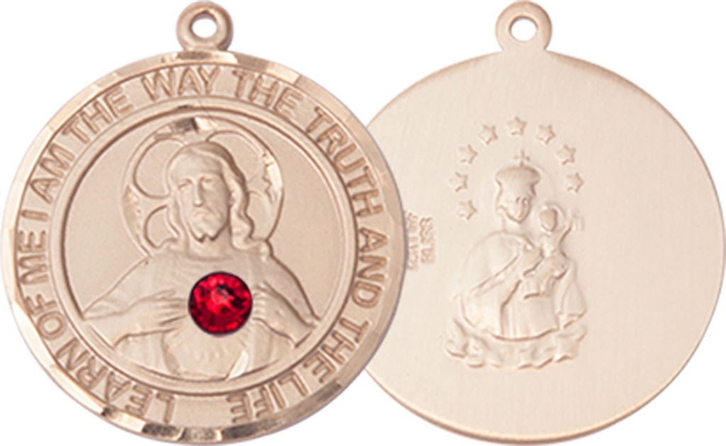 14kt Gold Scapular - Ruby Stone Medal with a 3mm Ruby Swarovski stone