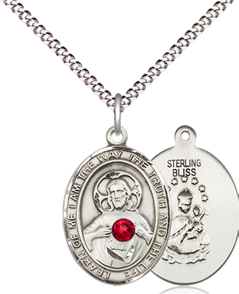Sterling Silver Scapular - Ruby Stone Pendant with a 3mm Ruby Swarovski stone on a 18 inch Light Rhodium Light Curb chain
