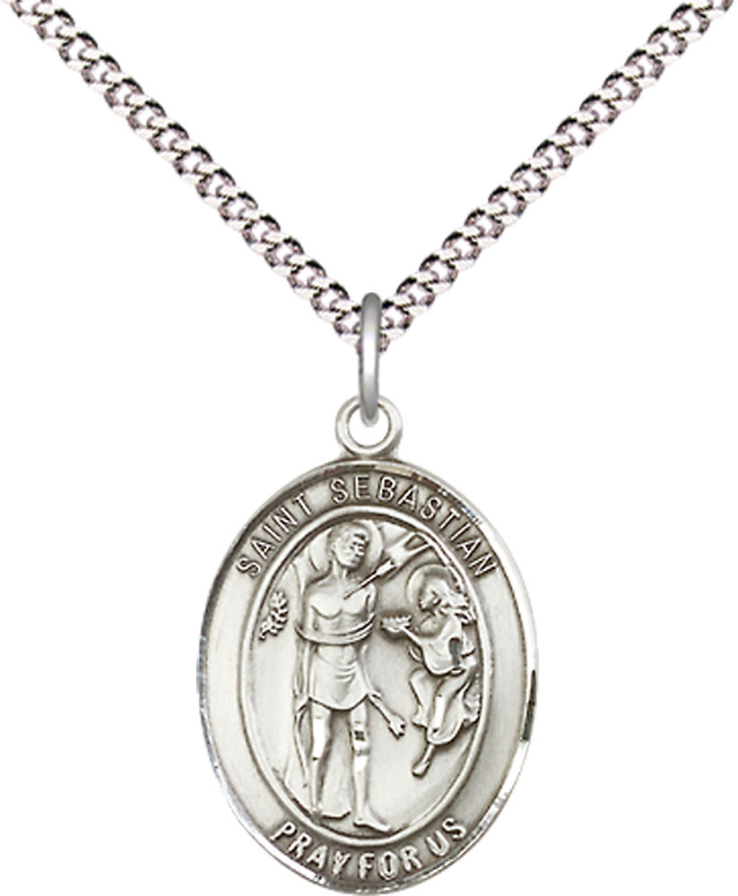 Sterling Silver Saint Sebastian Pendant on a 18 inch Light Rhodium Light Curb chain