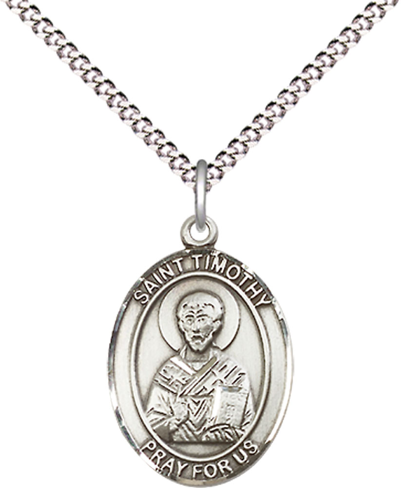 Sterling Silver Saint Timothy Pendant on a 18 inch Light Rhodium Light Curb chain