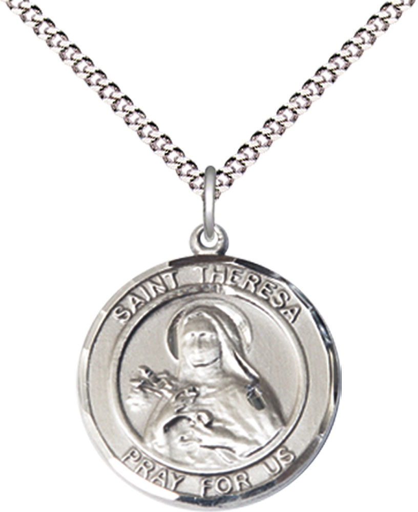 Sterling Silver Saint Theresa Pendant on a 18 inch Light Rhodium Light Curb chain