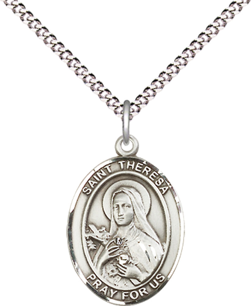Sterling Silver Saint Theresa Pendant on a 18 inch Light Rhodium Light Curb chain