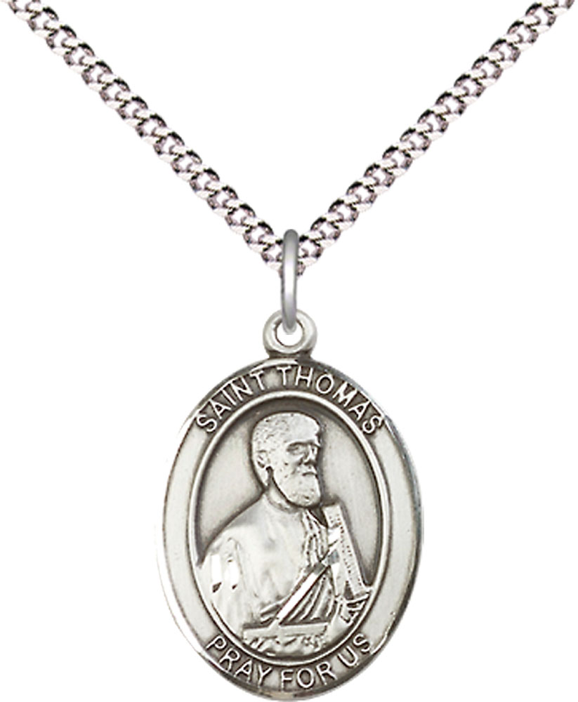 Sterling Silver Saint Thomas the Apostle Pendant on a 18 inch Light Rhodium Light Curb chain