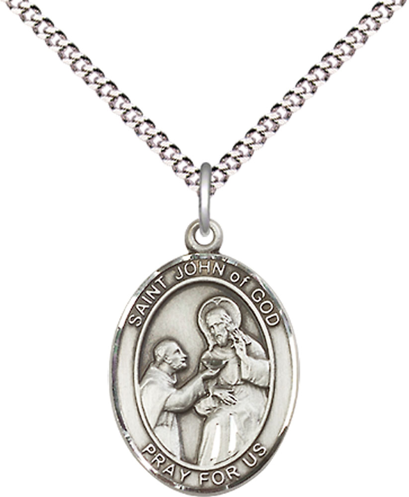 Sterling Silver Saint John of God Pendant on a 18 inch Light Rhodium Light Curb chain
