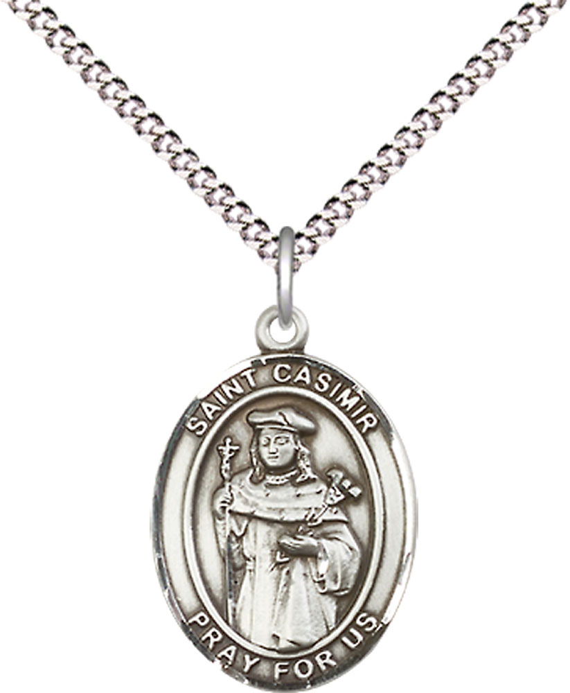 Sterling Silver Saint Casimir of Poland Pendant on a 18 inch Light Rhodium Light Curb chain