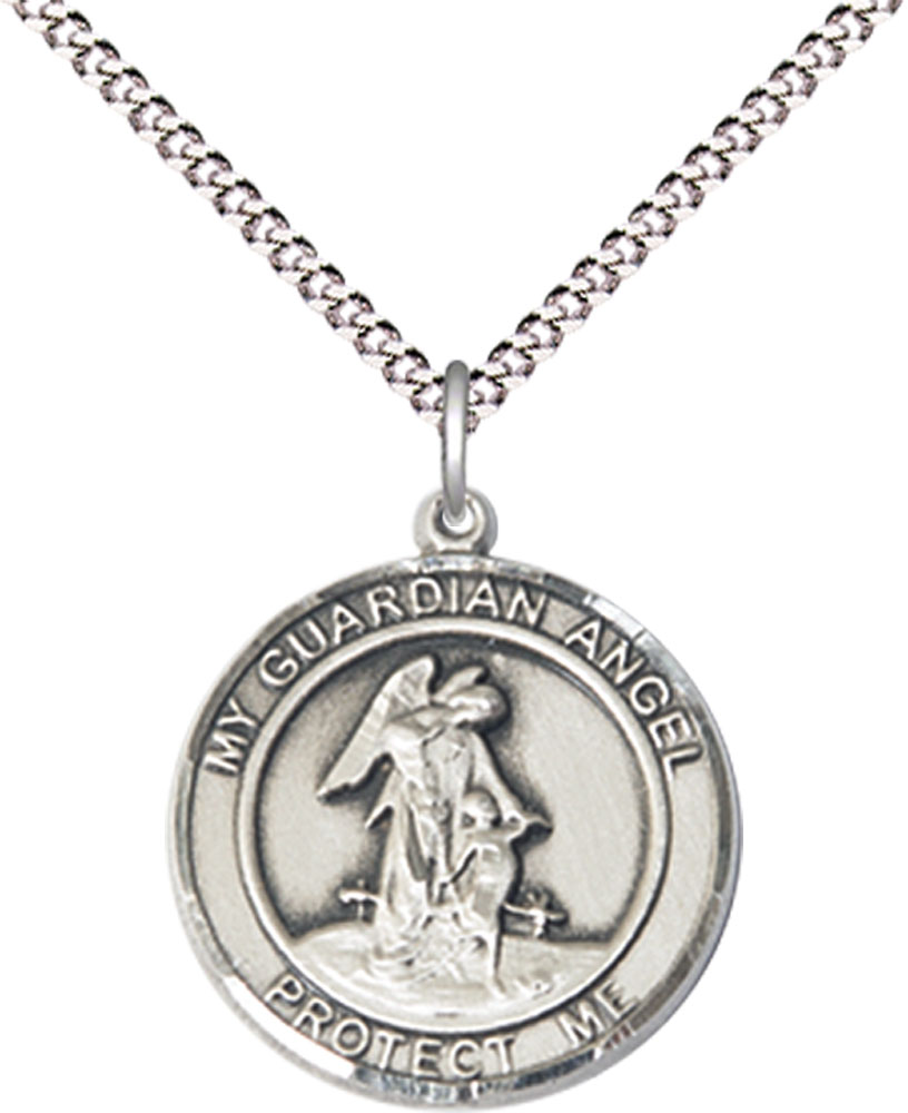 Sterling Silver Guardian Angel Pendant on a 18 inch Light Rhodium Light Curb chain