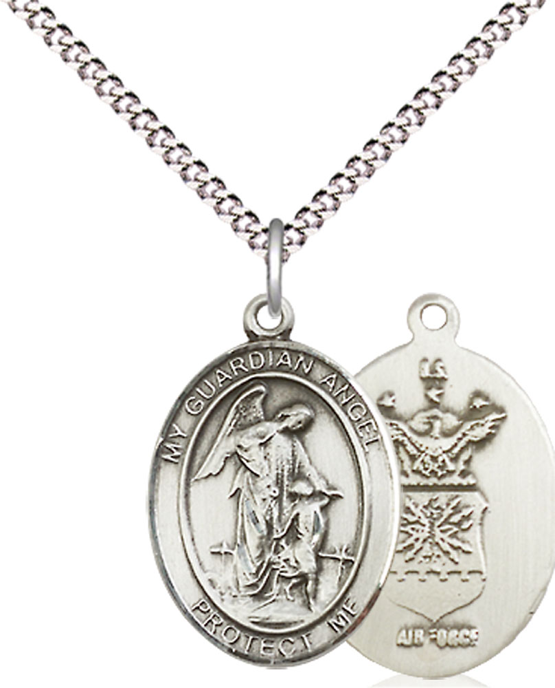 Sterling Silver Guardian Angel Air Force Pendant on a 18 inch Light Rhodium Light Curb chain