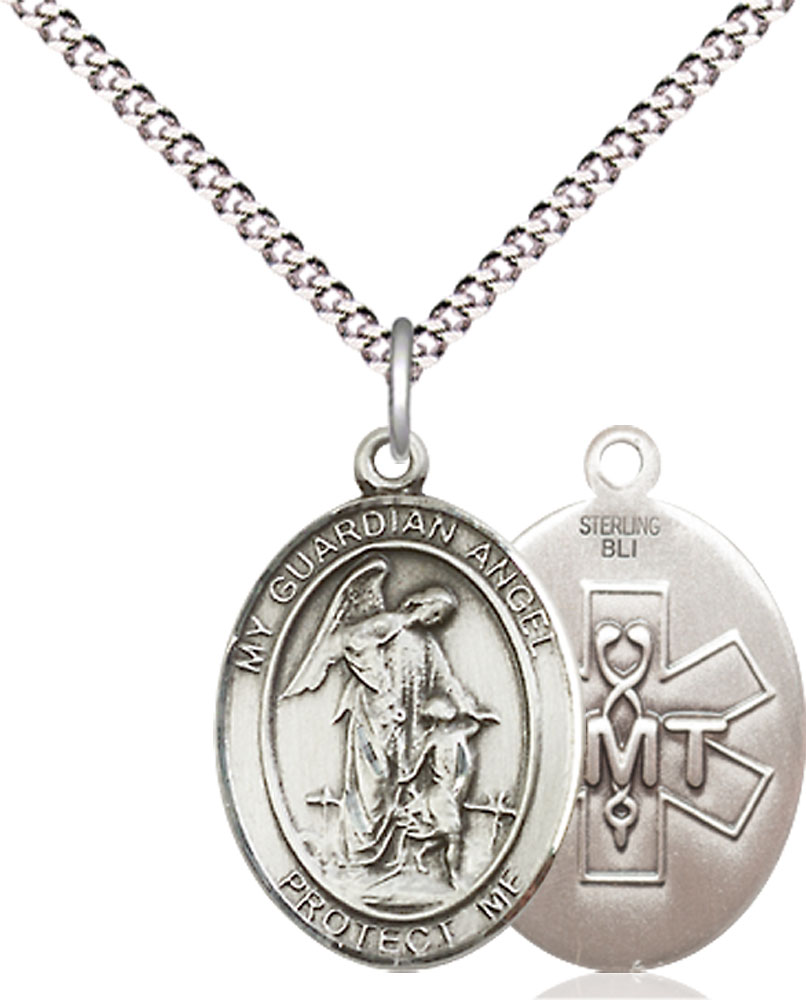 Sterling Silver Guardian Angel EMT Pendant on a 18 inch Light Rhodium Light Curb chain