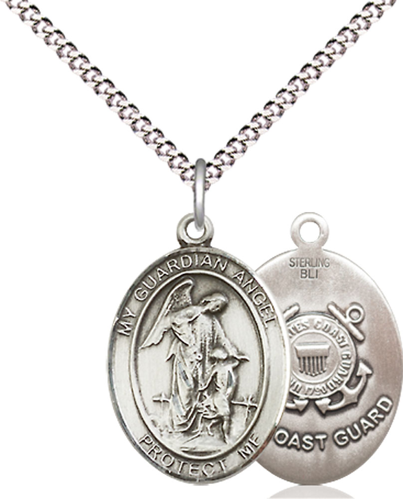 Sterling Silver Guardian Angel Coast Guard Pendant on a 18 inch Light Rhodium Light Curb chain