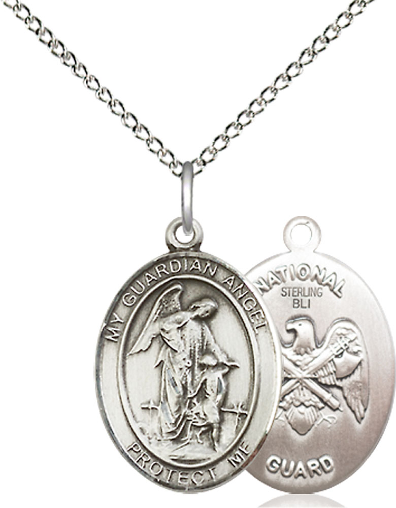 Sterling Silver Guardian Angel National Guard Pendant on a 18 inch Sterling Silver Light Curb chain