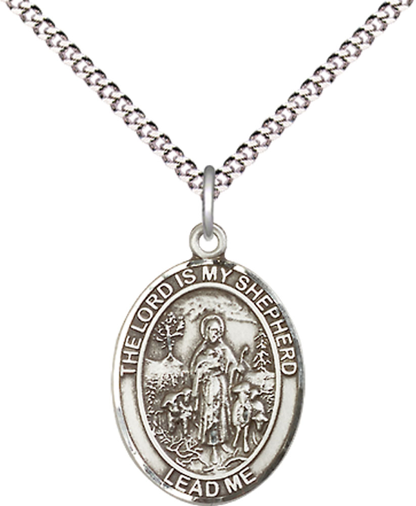 Sterling Silver Lord Is My Shepherd Pendant on a 18 inch Light Rhodium Light Curb chain