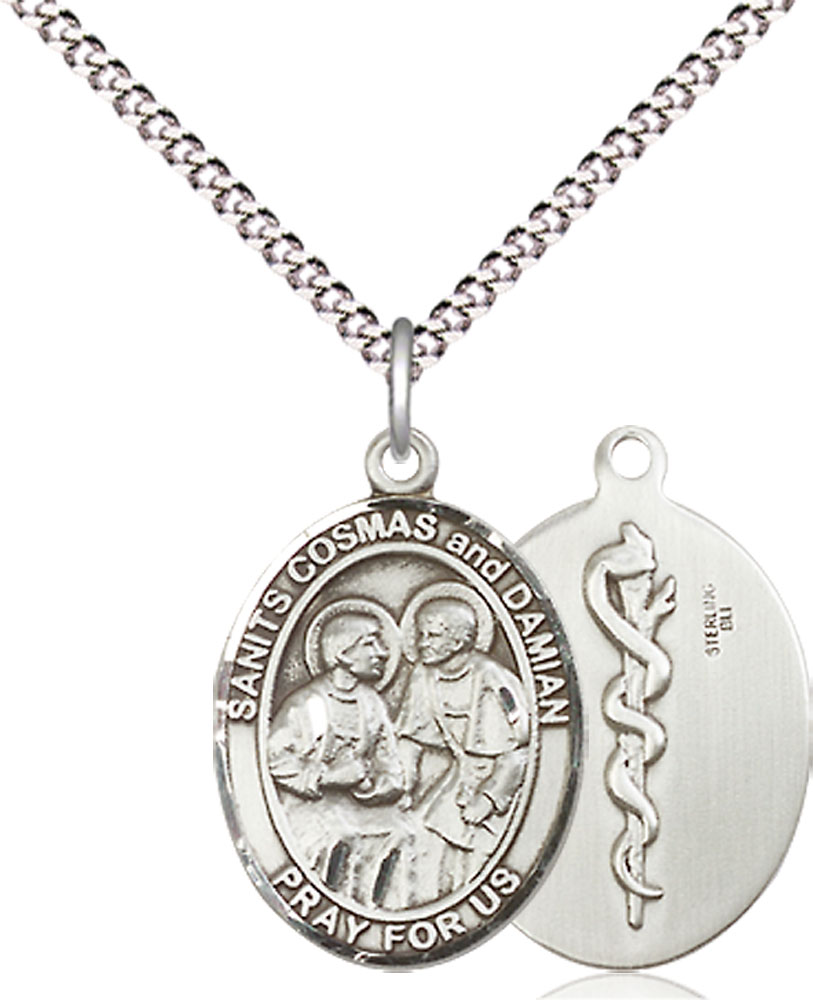 Sterling Silver Saints Cosmas &amp; Damian Doctors Pendant on a 18 inch Light Rhodium Light Curb chain