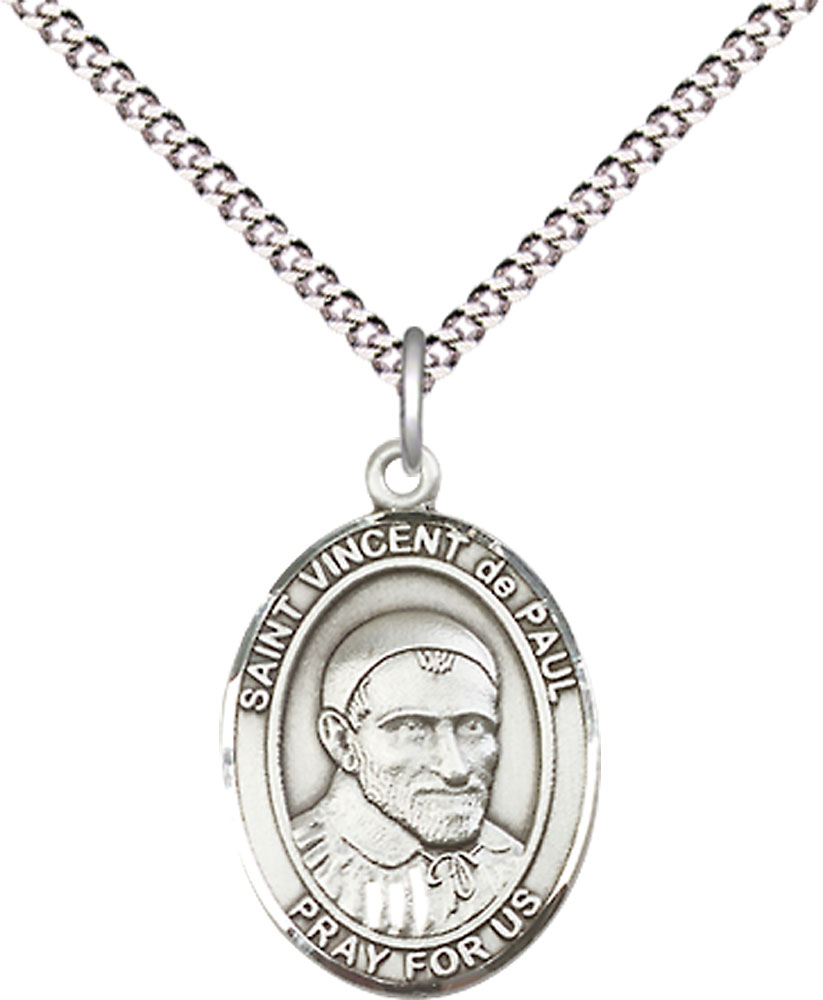 Sterling Silver Saint Vincent de Paul Pendant on a 18 inch Light Rhodium Light Curb chain