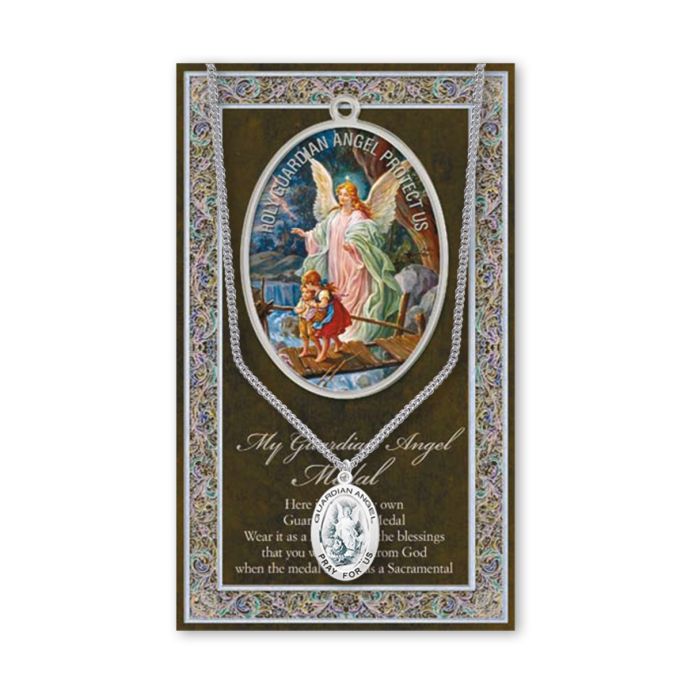 Guardian Angel Genuine Pewter Medal on a 24&quot; Chain with Biography and Picture Folder