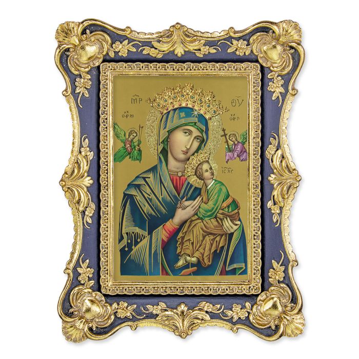 6 1/4" x 8 1/8"  Antiqued Dark Blue and Gold Photo Frame with O.L. of Perpetual Help Print- P65 STIC