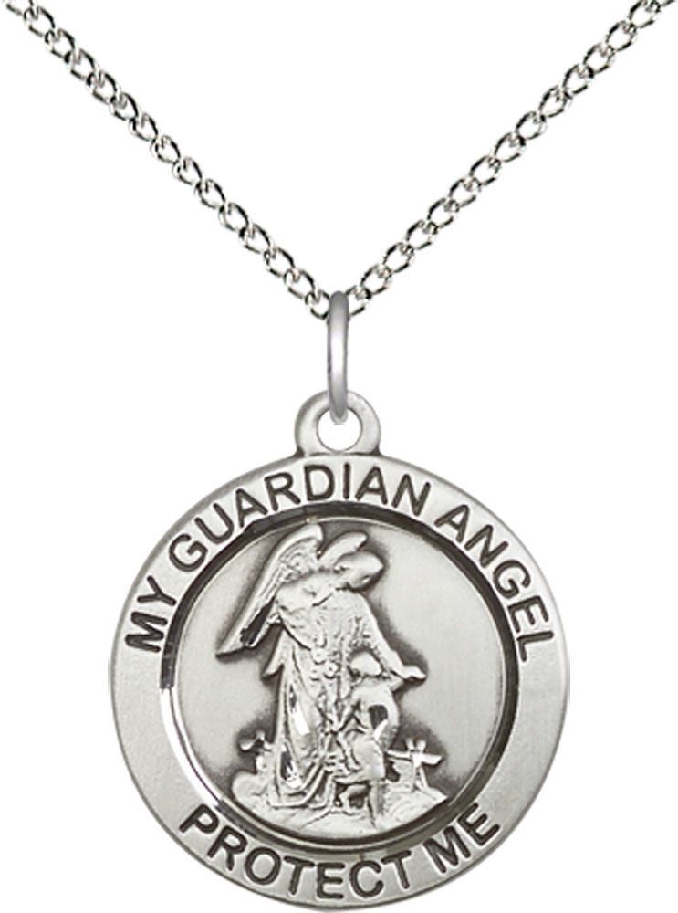 Sterling Silver Guardian Angel Pendant on a 18 inch Sterling Silver Light Curb chain