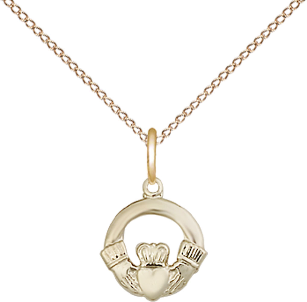 14kt Gold Filled Claddagh Pendant on a 18 inch Gold Filled Light Curb chain