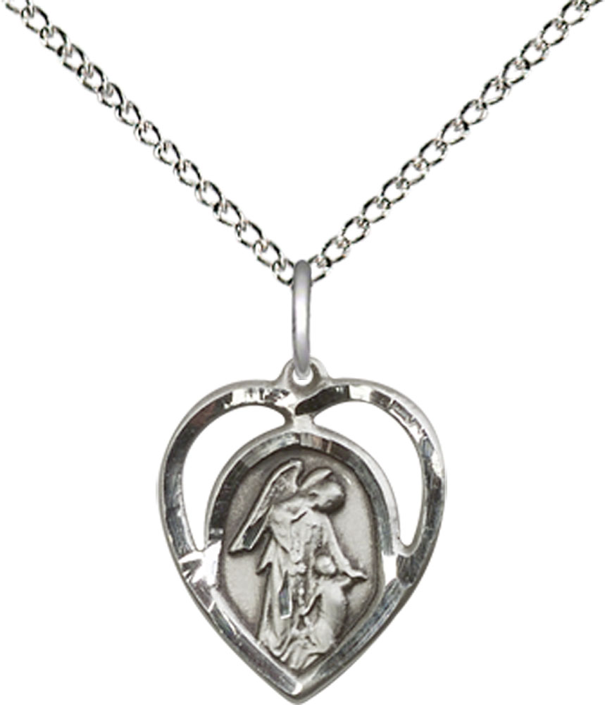 Sterling Silver Guardian Angel Pendant on a 18 inch Sterling Silver Light Curb chain