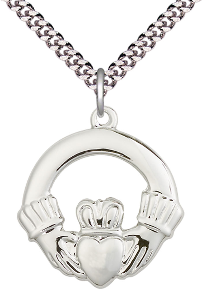 Sterling Silver Claggagh Pendant on a 24 inch Light Rhodium Heavy Curb chain