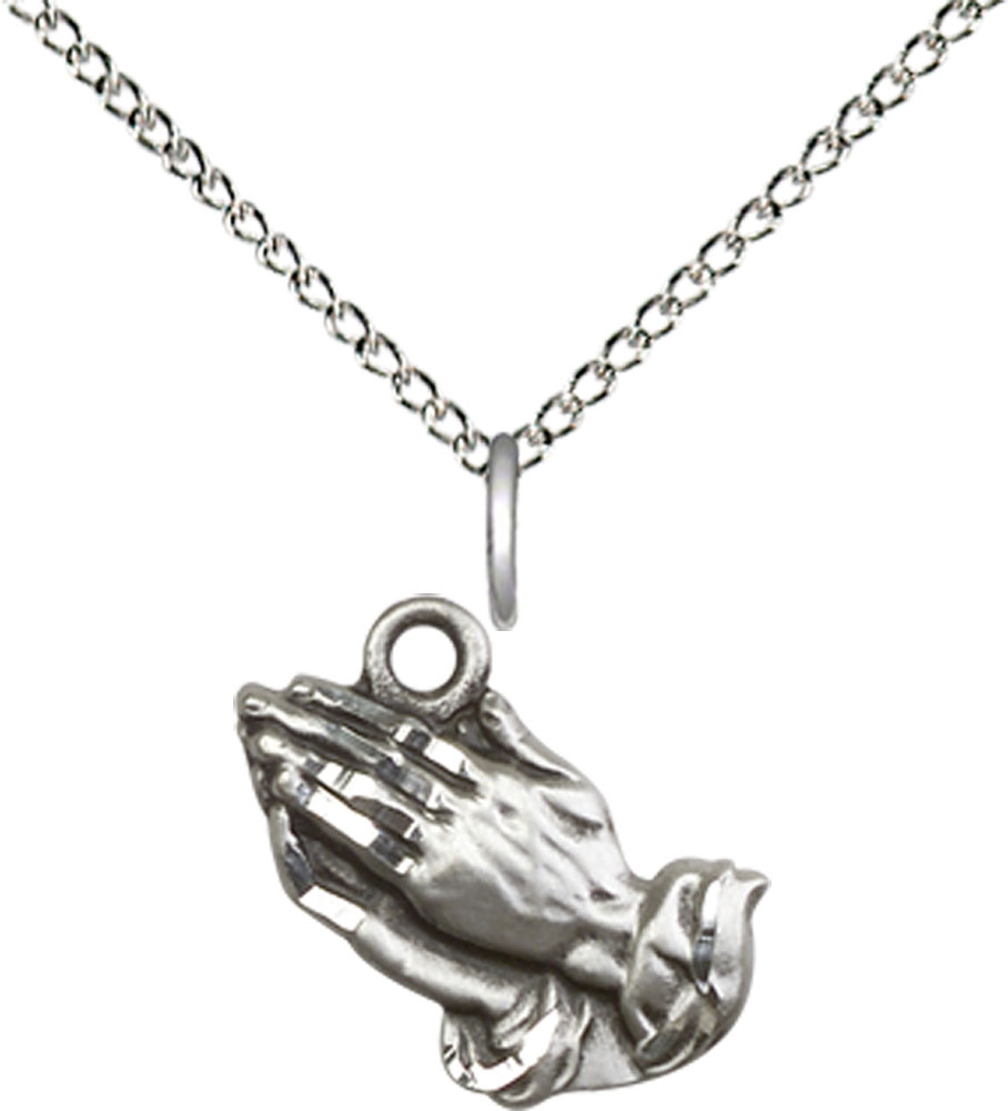 Sterling Silver Praying Hands Pendant on a 18 inch Sterling Silver Light Curb chain