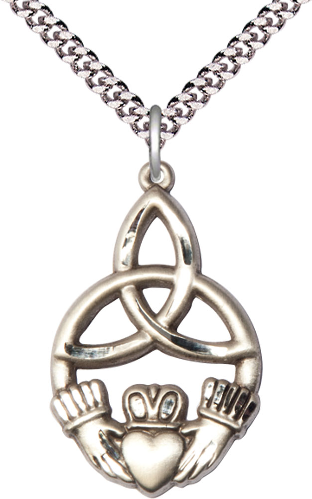 Sterling Silver Irish Knot Claddagh Pendant on a 24 inch Light Rhodium Heavy Curb chain