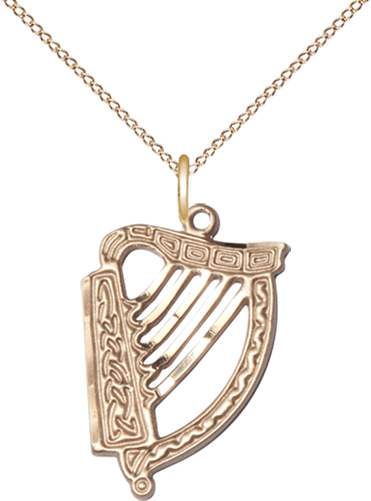 14kt Gold Filled Irish Harp Pendant on a 18 inch Gold Filled Light Curb chain
