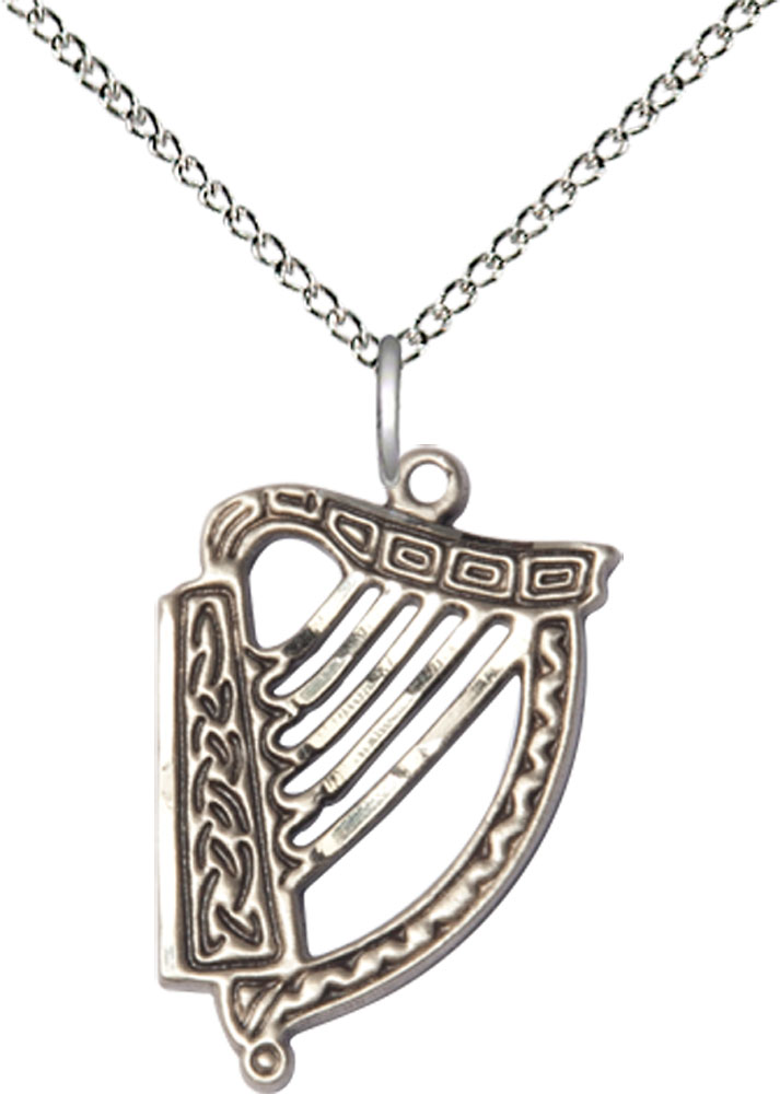 Sterling Silver Irish Harp Pendant on a 18 inch Sterling Silver Light Curb chain