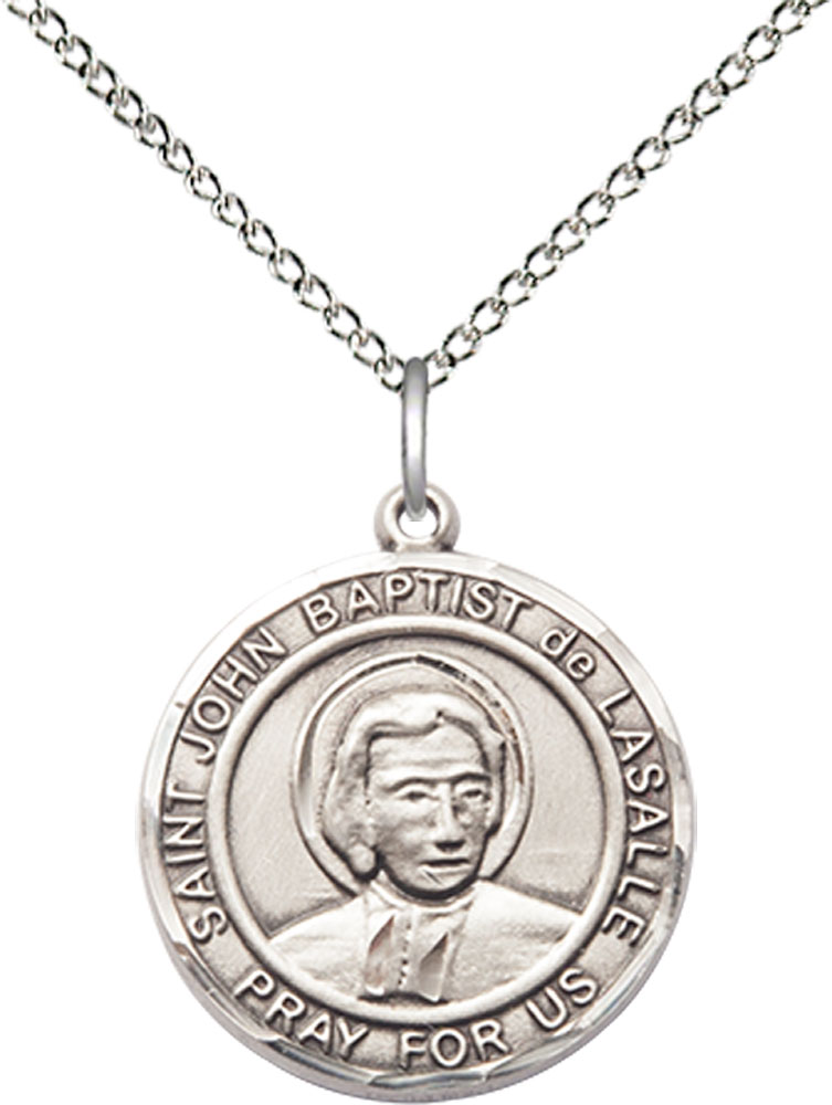 Sterling Silver Saint John Baptist de la Salle Pendant on a 18 inch Sterling Silver Light Curb chain
