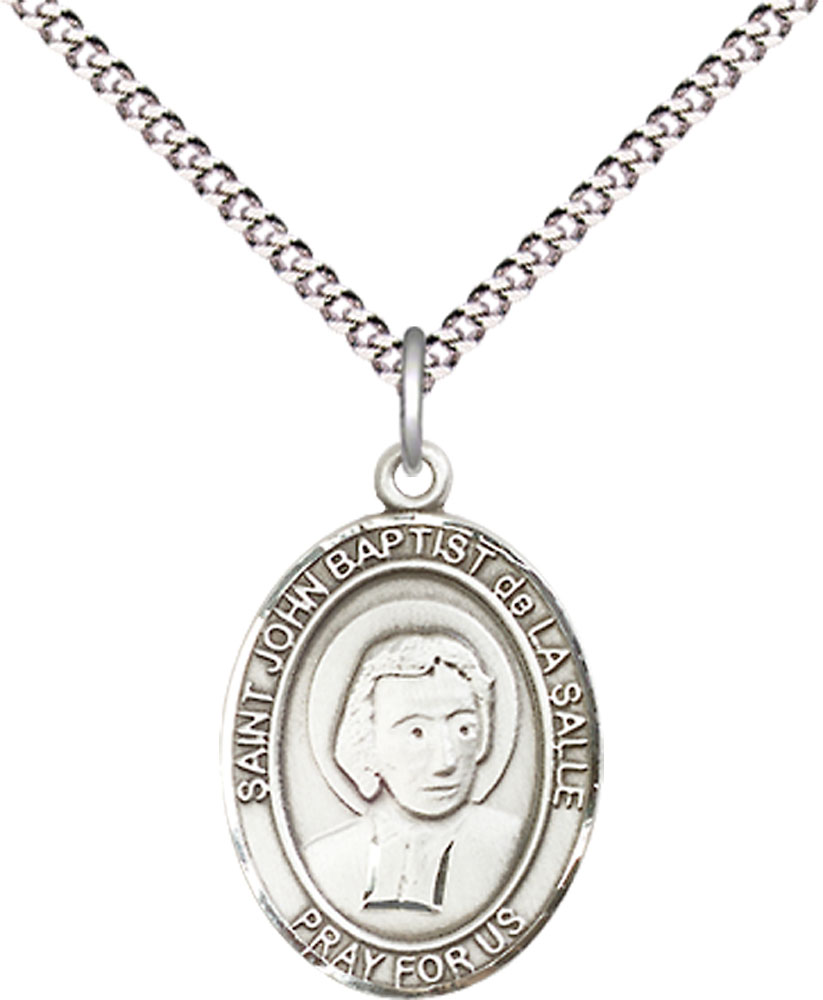 Sterling Silver Saint John Baptist de la Salle Pendant on a 18 inch Light Rhodium Light Curb chain