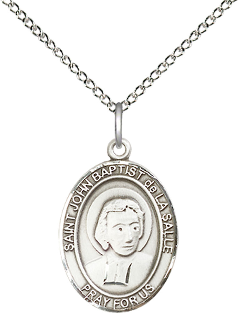 Sterling Silver Saint John Baptist de la Salle Pendant on a 18 inch Sterling Silver Light Curb chain