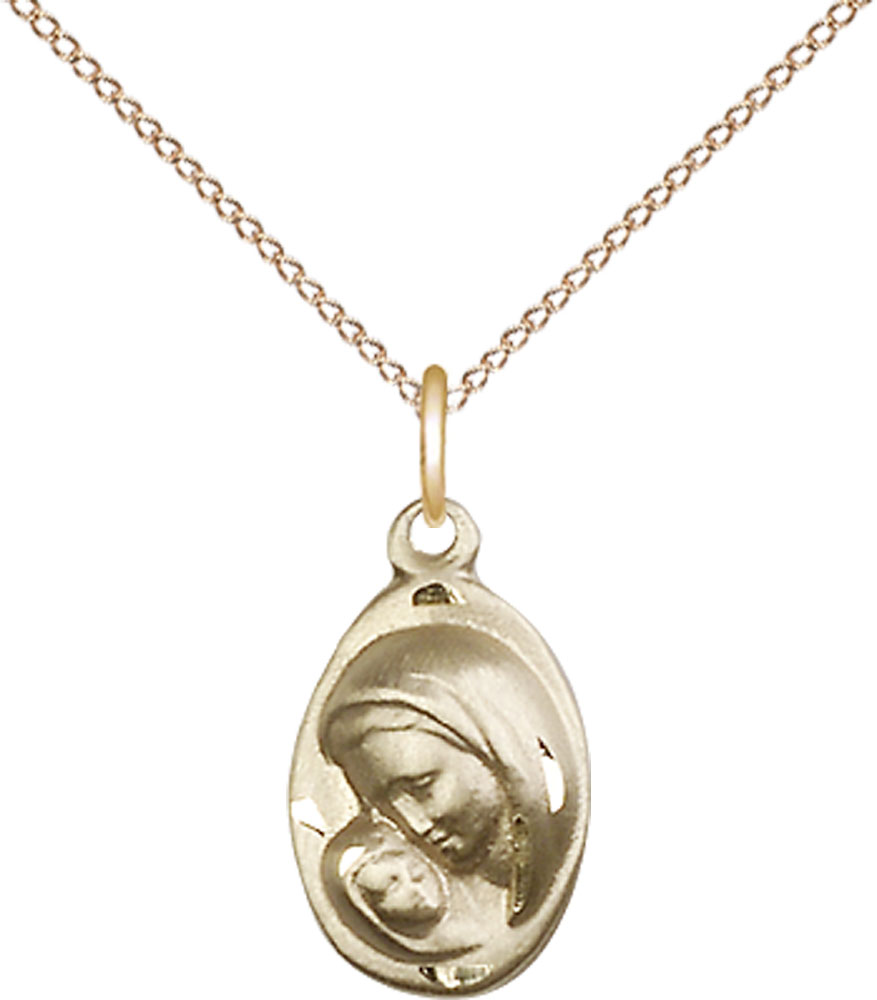 14kt Gold Filled Madonna &amp; Child Pendant on a 18 inch Gold Filled Light Curb chain