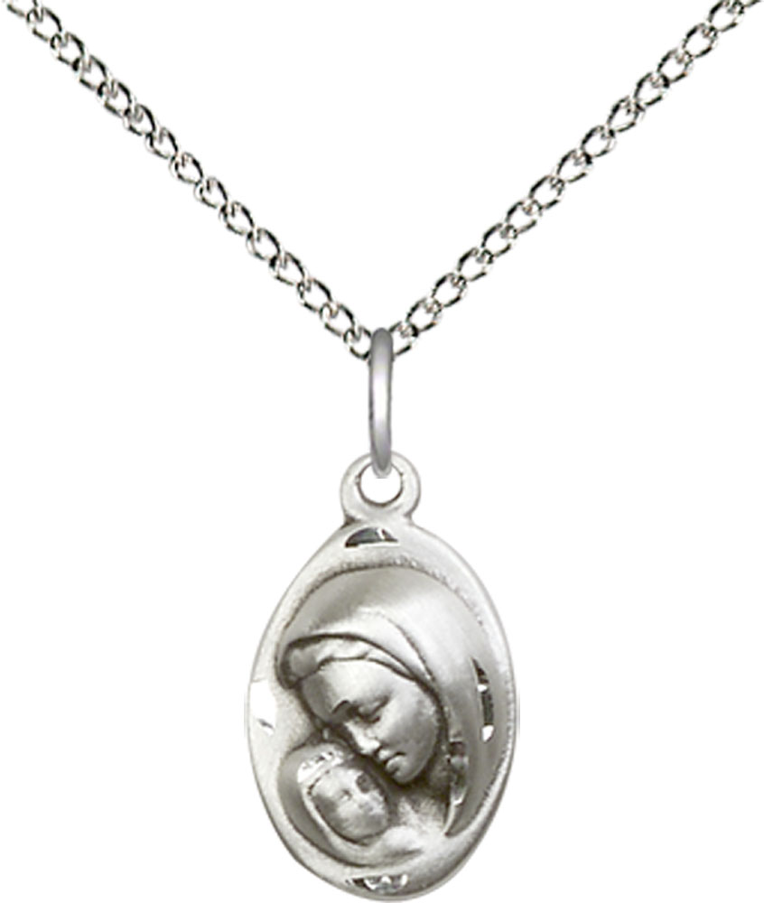Sterling Silver Madonna &amp; Child Pendant on a 18 inch Sterling Silver Light Curb chain