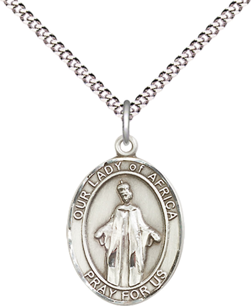 Sterling Silver Our Lady of Africa Pendant on a 18 inch Light Rhodium Light Curb chain