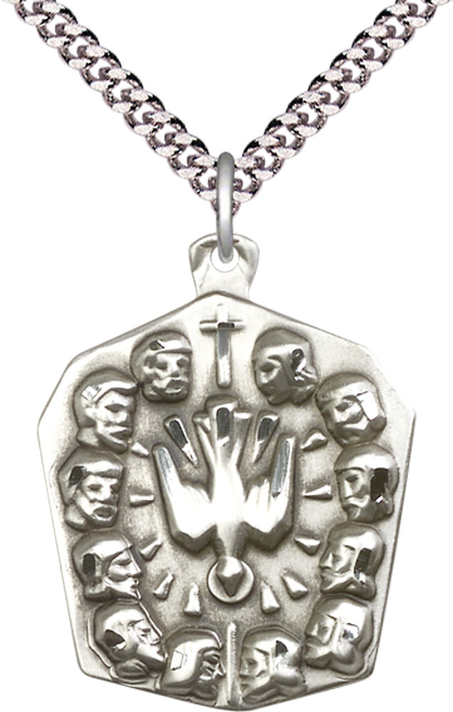Sterling Silver Apostles Pendant on a 24 inch Light Rhodium Heavy Curb chain